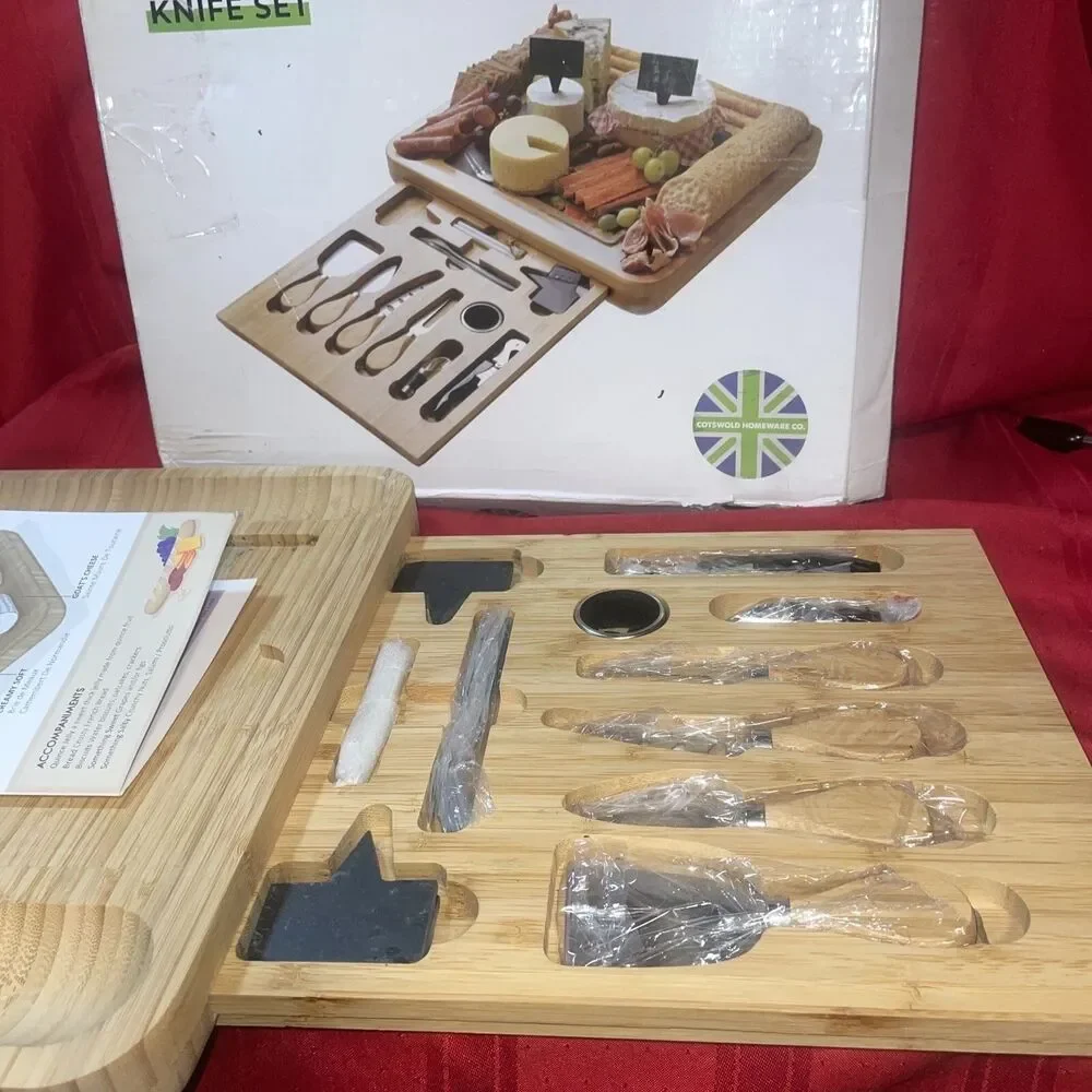 Bamboo Cheese Board and Knife Set - Wood Charcuterie Platter Slate Serving Tray